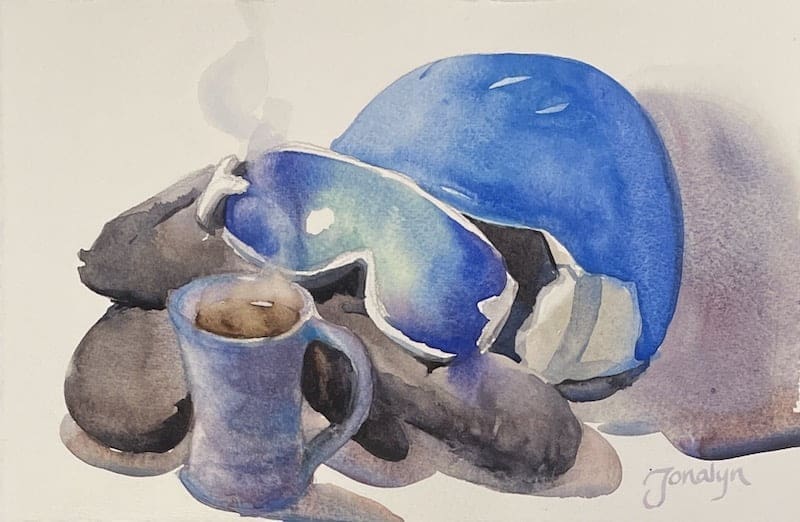 Watercolor painting of ski helmet, goggles and gloves with a cup of hot chocolate.