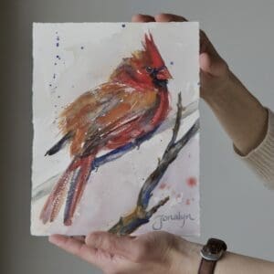 "Ready for Coffee" 7.5" x 9.5" an original watercolor by JonalynFluffy red cardinal sitting on a branch on a snowy day.