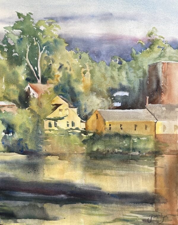 Watercolor painting of a yellow house in New England sitting over water.