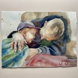Grandfather and grandson talking together, original watercolor