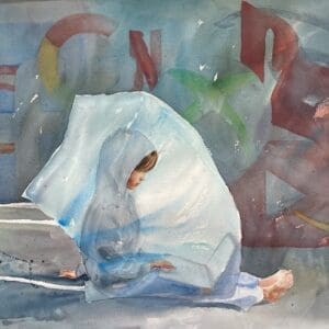 Watercolor painting of boy under huge mask with major world logos around him.
