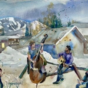 watercolor painting of group standing six-feet apart and making music in the mountain town of Steamboat Springs, CO
