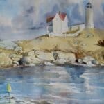 Watercolor painting of Nubble Lighthouse on rocks with ocean and boy in foreground