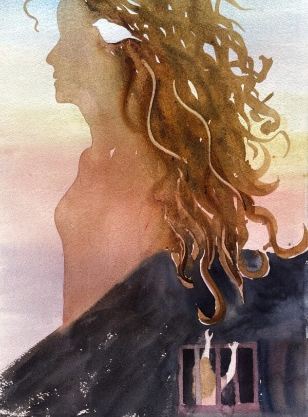 A silhouette of a woman, curls frame her face and reach down to provide a handhold to help a young girl escape from a prison below. In the woman’s hair sits a finch bird, the same bird that forms our Lady Grey logo. I painted “Miss Lady Grey” to remind me of how the darkest pits became paths to my best joys.
