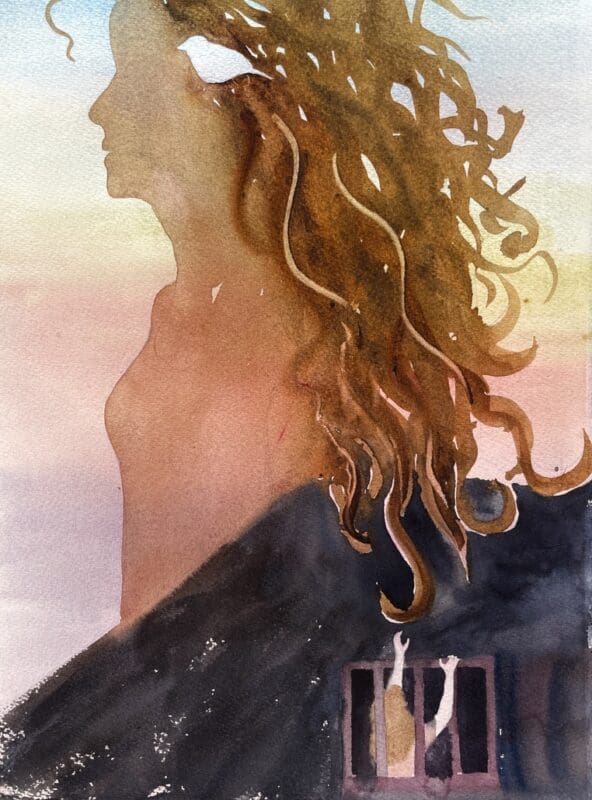 Miss Lady Grey A silhouette of a woman, curls frame her face and reach down to provide a handhold to help a young girl escape from a prison below. In the woman’s hair sits a finch bird, the same bird that forms our Lady Grey logo. I painted “Miss Lady Grey” to remind me of how the darkest pits became paths to my best joys.